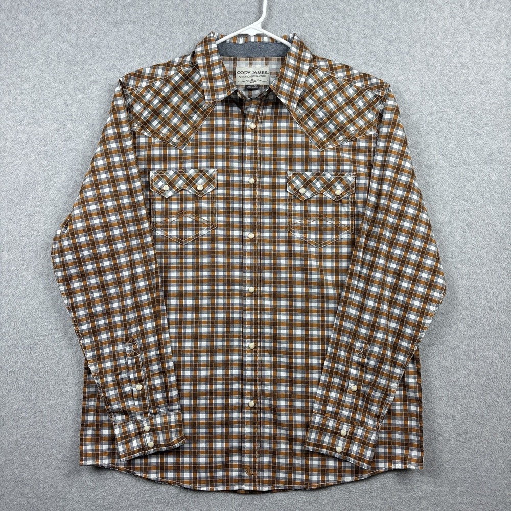Cody James Shirt Mens XL White Brown Plaid Pearl Snap Sawtooth Western Cowboy